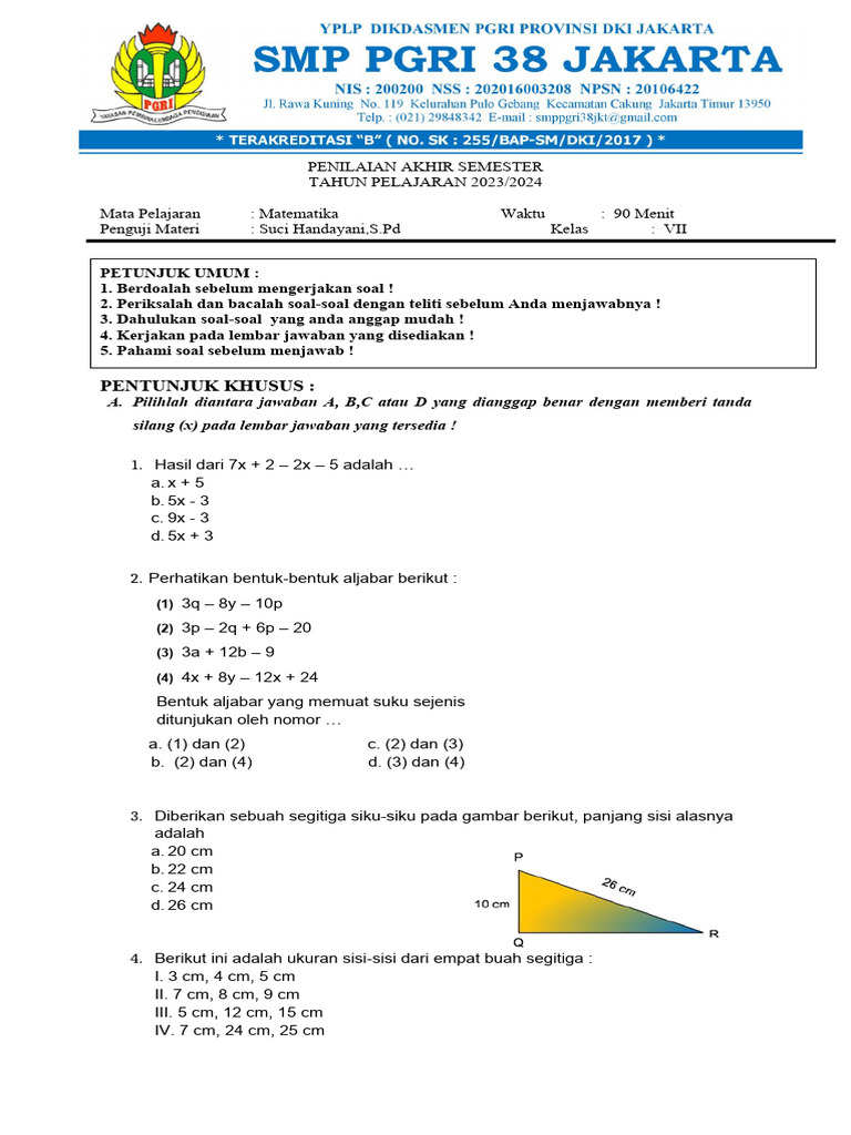 Pas - Kelas 7 (Ii) Matematika 2024 | PDF
