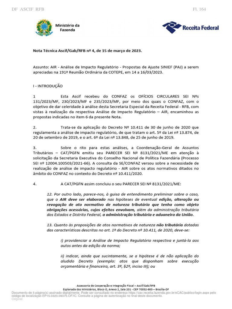 Análise de Impacto Regulatório do SINIEF | PDF | Autenticação | Recibo