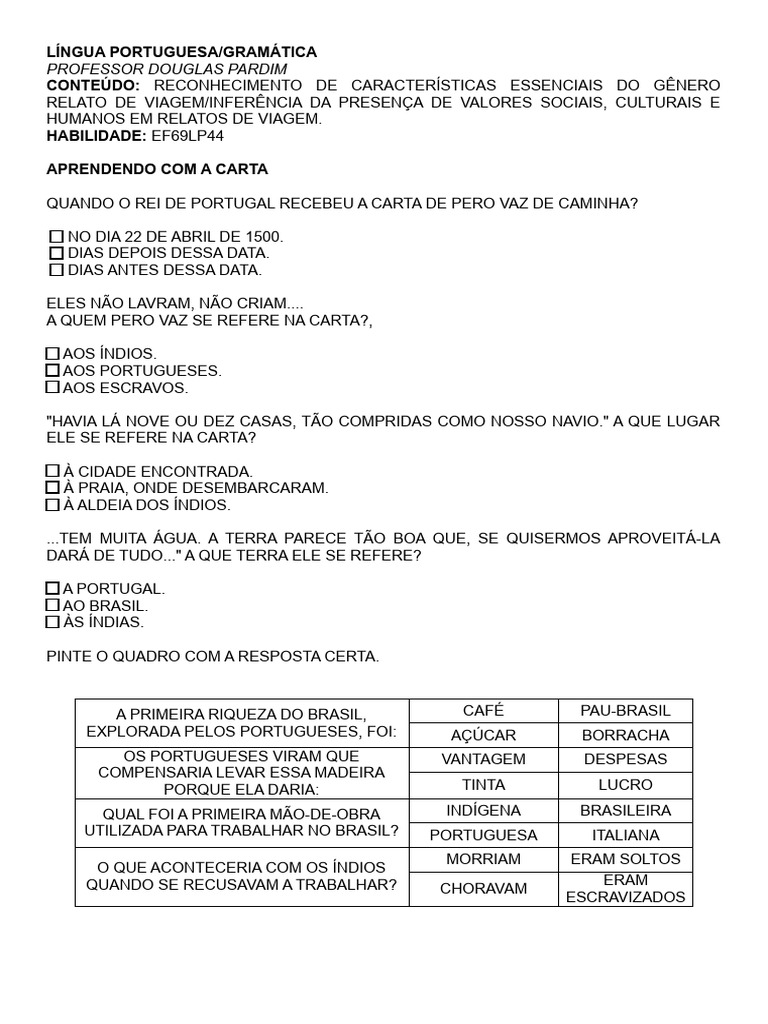 Atividade adaptada EF69LP44 | PDF | Brasil | Portugal
