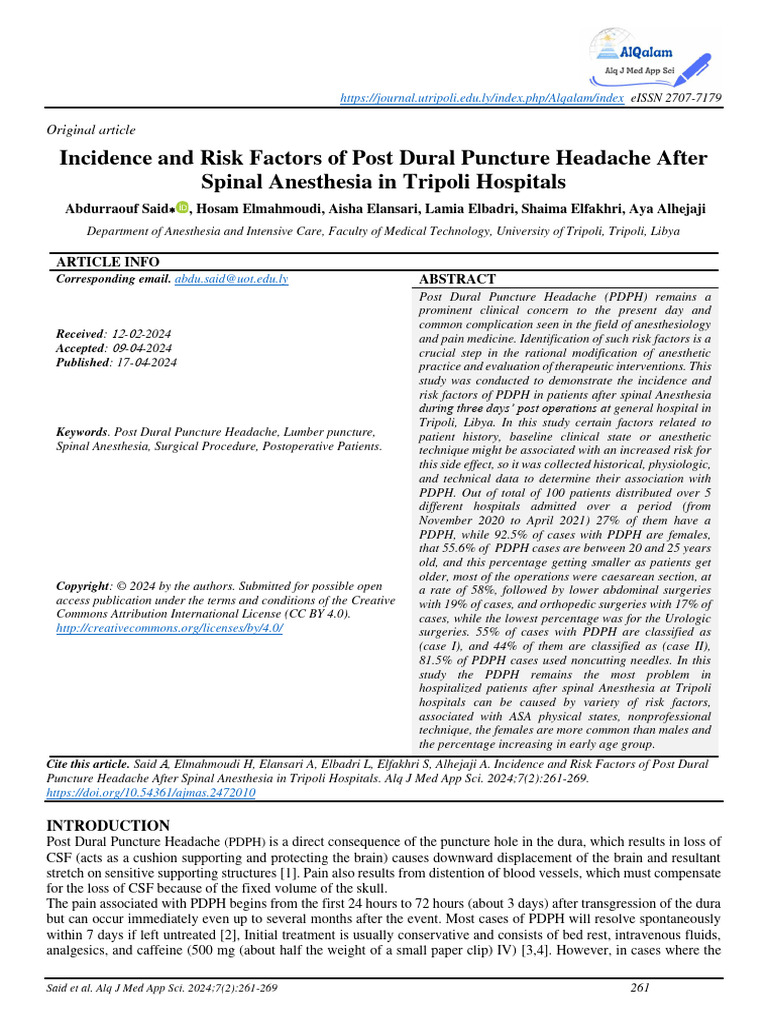 Incidence and risk factors of post dural puncture headache after spinal