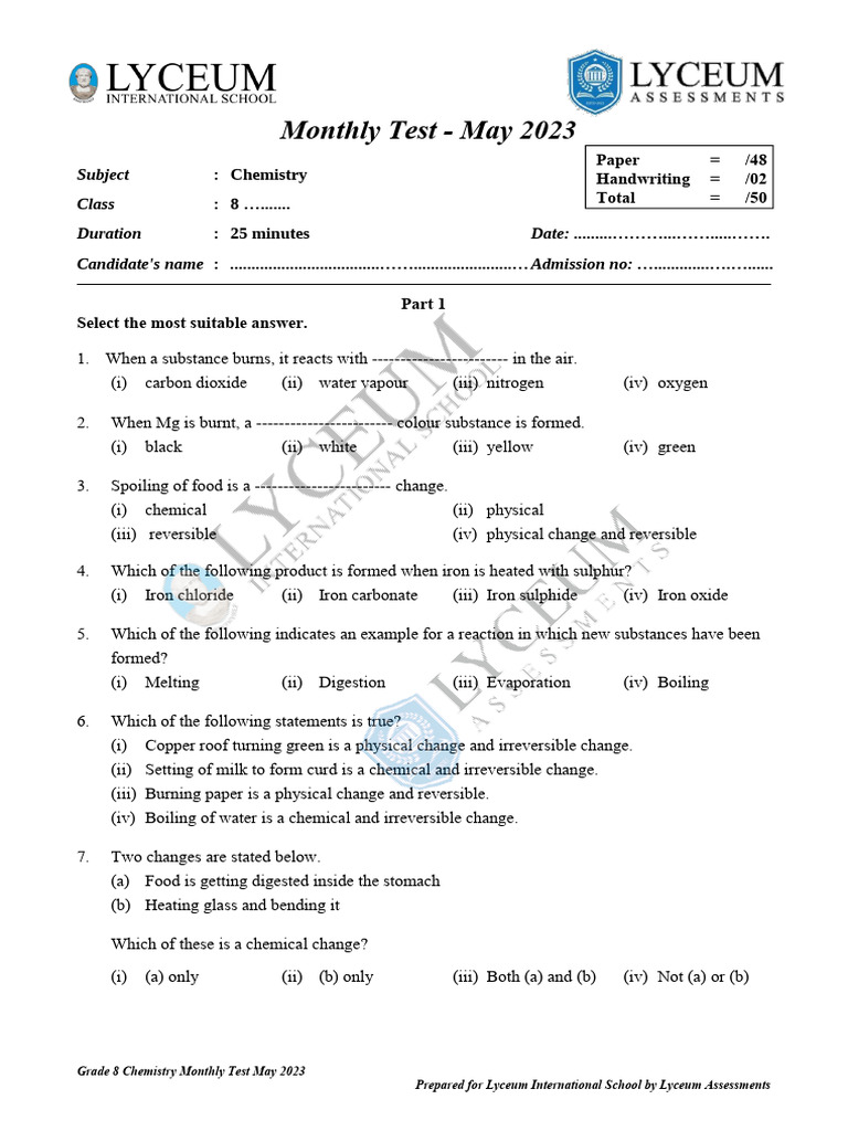 Grade 8 Chemistry | PDF | Magnesium | Chemical Substances