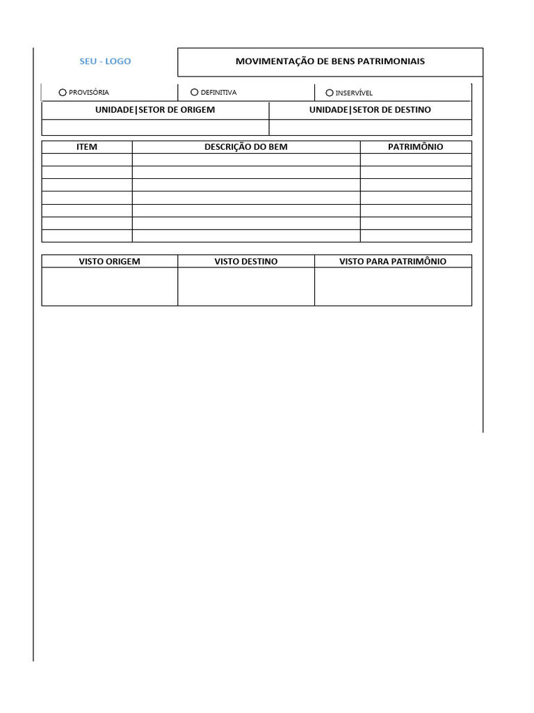 Movimentacao de bens patrimoniais em excel pdf