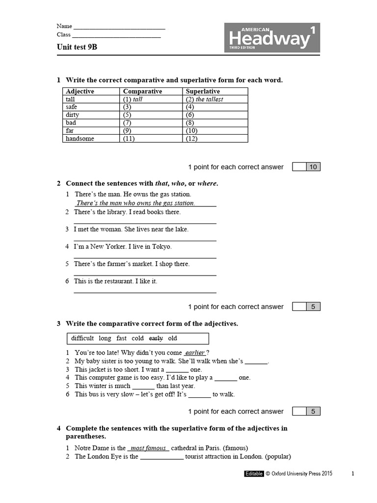 AHW3e - Level 01 - Unit Test 9b | PDF | Adjective