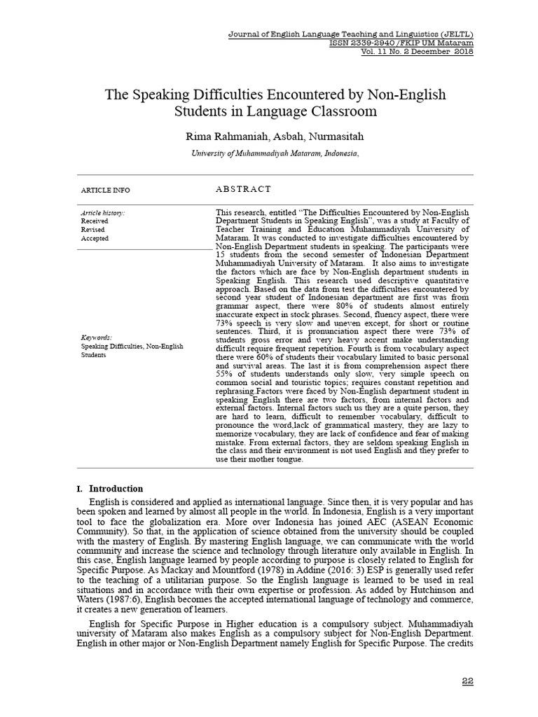 The Speaking Difficulties Encountered by Non-Engli | PDF | English ...