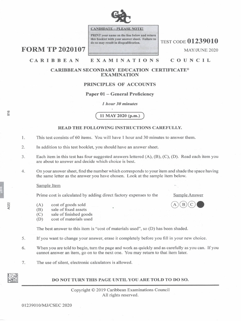 CSEC Principles of Accounts June 2020 P1 | PDF