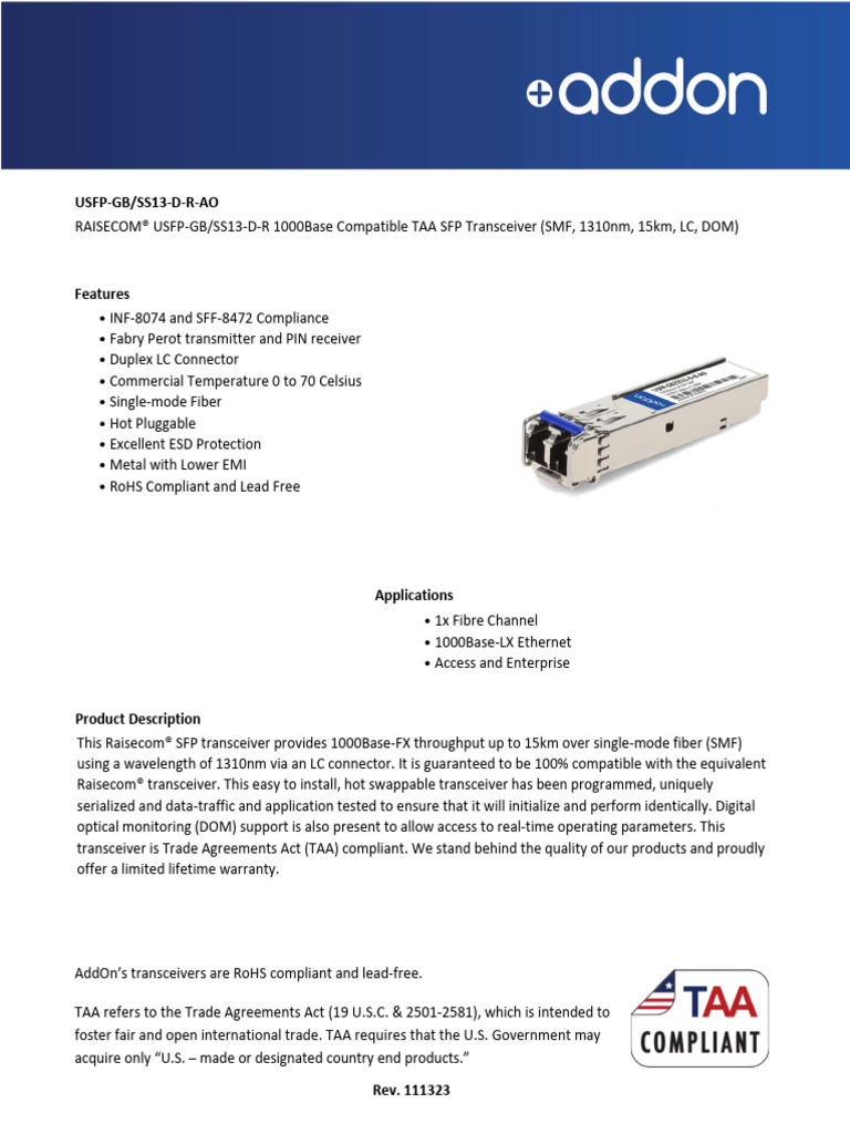 Usfp GB Ss13 D R Ao Datasheets en | PDF | Optical Fiber | Electricity