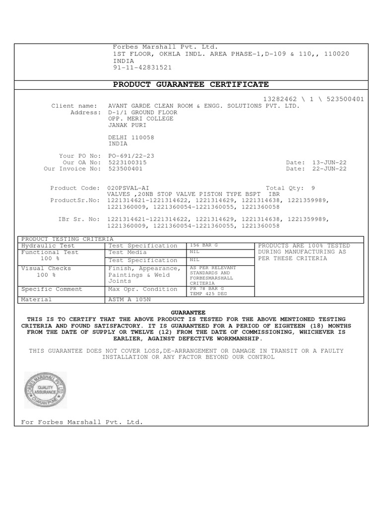 Forbes Marshall Product Guarantee Details | PDF | Mechanical Engineering