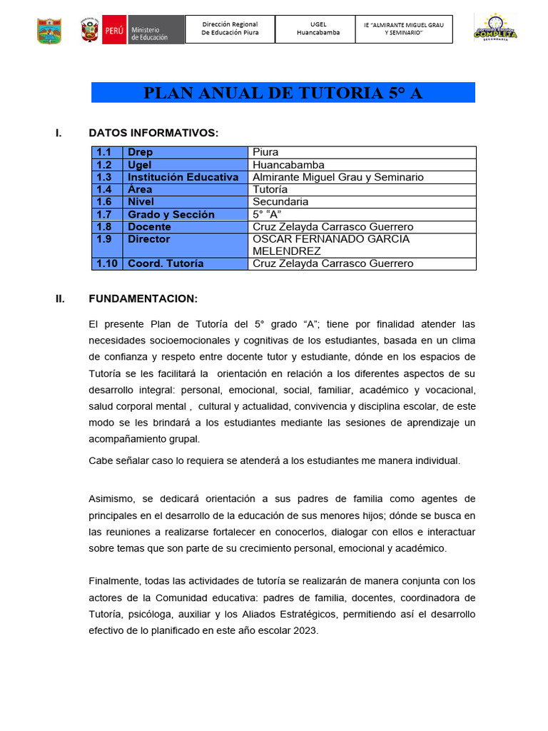 5° A - Plan de Tutoria - 2023 - Actual | PDF | Maestros | Sicología