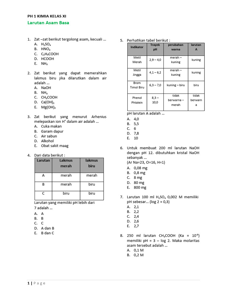 Soal Asam Basa Kelas 11 dan Pembahasan | PDF