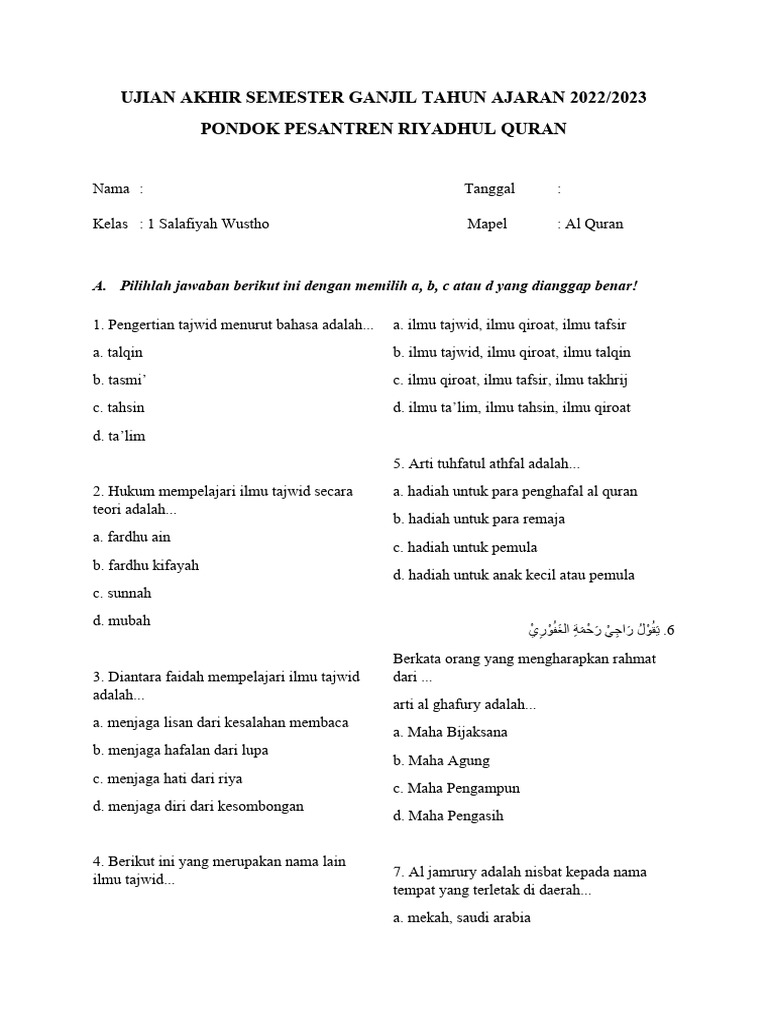 Memulai Perjalanan Suci Al-Qur’an: Contoh Soal Tajwid Dasar untuk Siswa SD Kelas 1