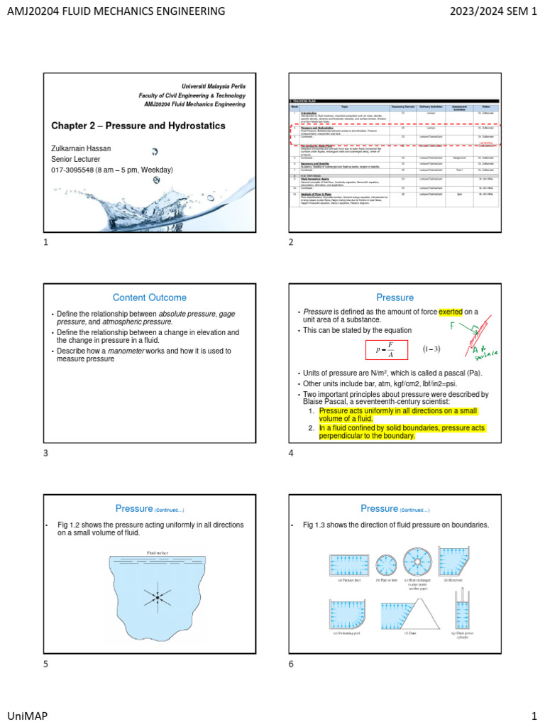 Fluid Mechanics: Pressure & Hydrostatics | PDF | Pressure | Pressure ...