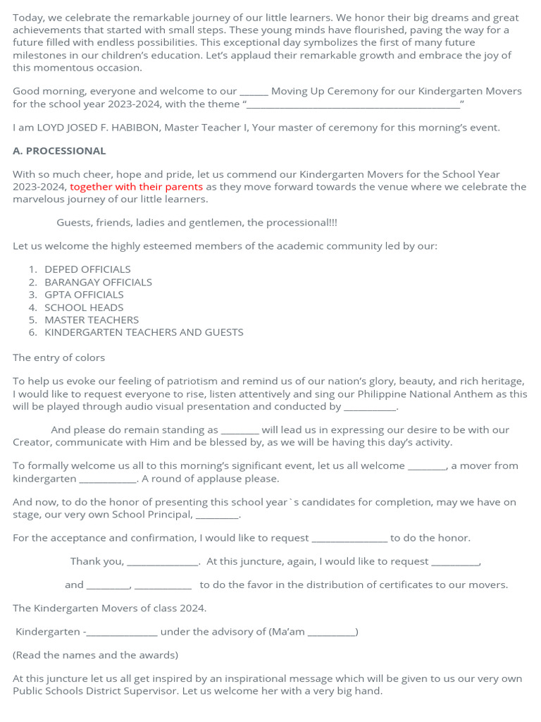Kindergarten Moving Up Ceremony Script | PDF