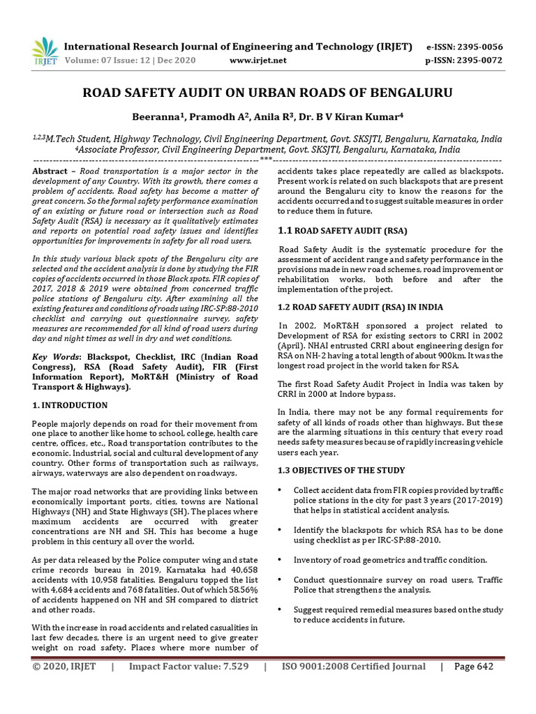 Irjet Road Safety Audit On Urban Roads o | PDF | Road Traffic Safety | Road
