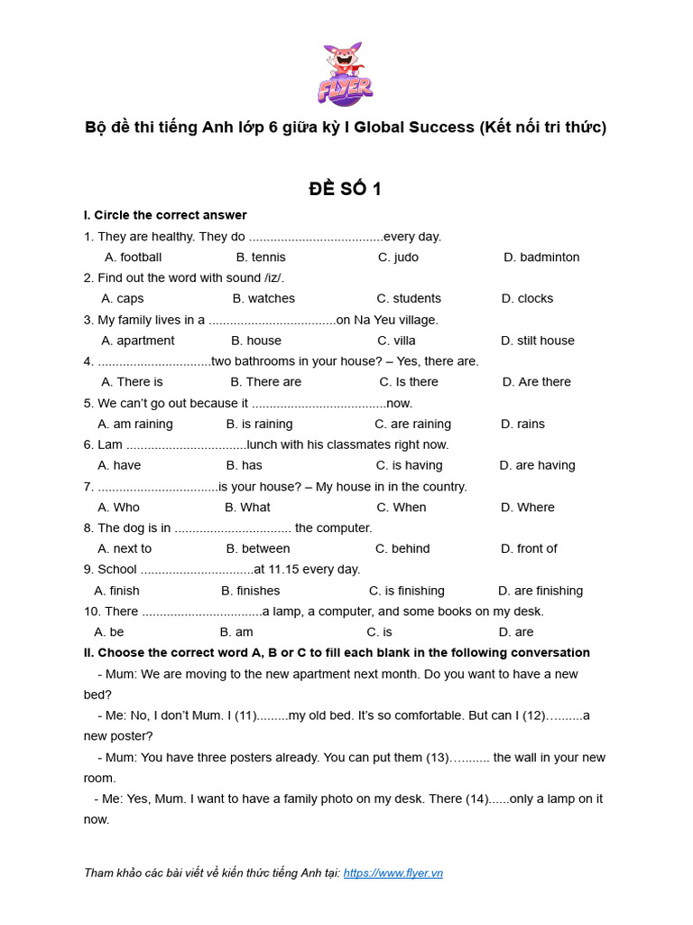 Bo de Thi Tieng Anh Lop 6 Giua Ky I Global Success | PDF | Foreign ...