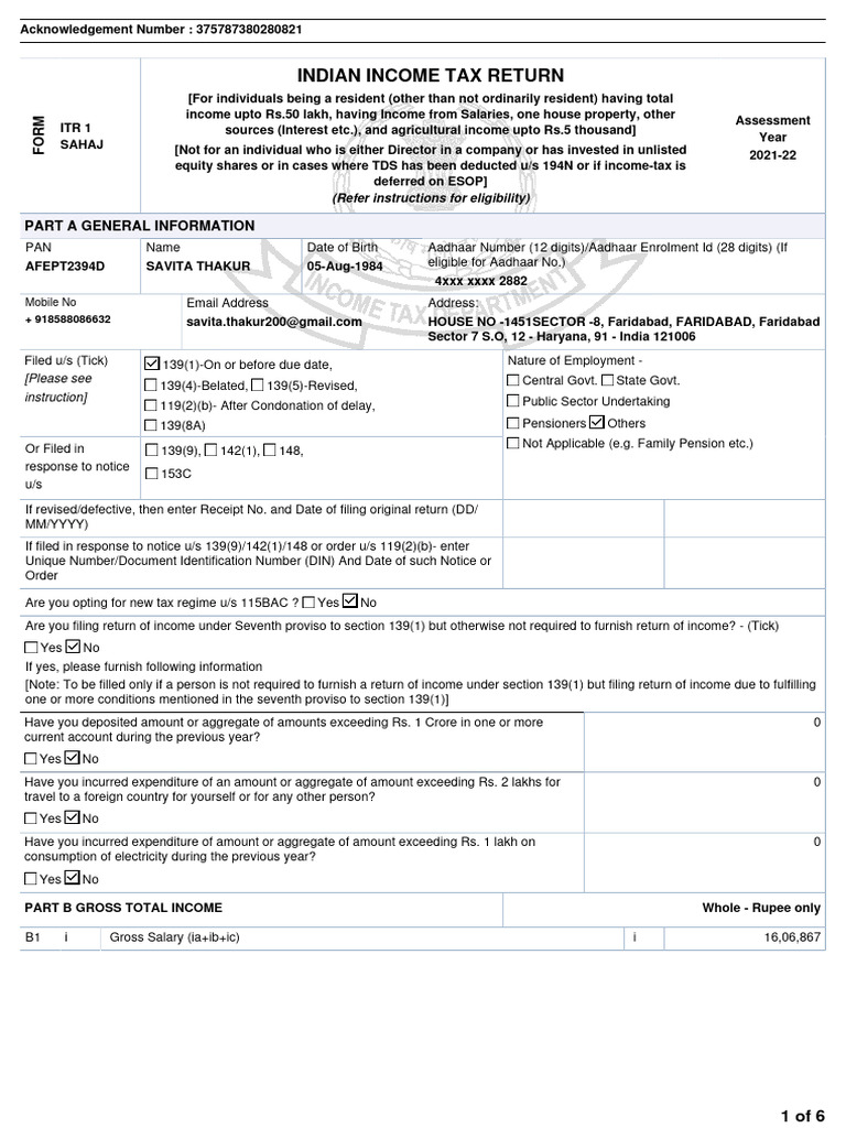 ITR 1 Income Tax Return 2021-22 | PDF | Government Finances | Taxes