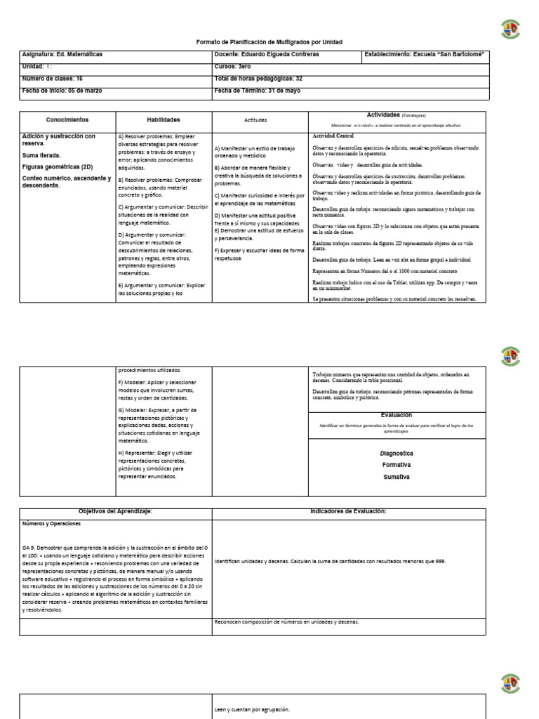 Planificacion 3° Ed. Matemática 2024 | PDF | Matemáticas | Aprendizaje