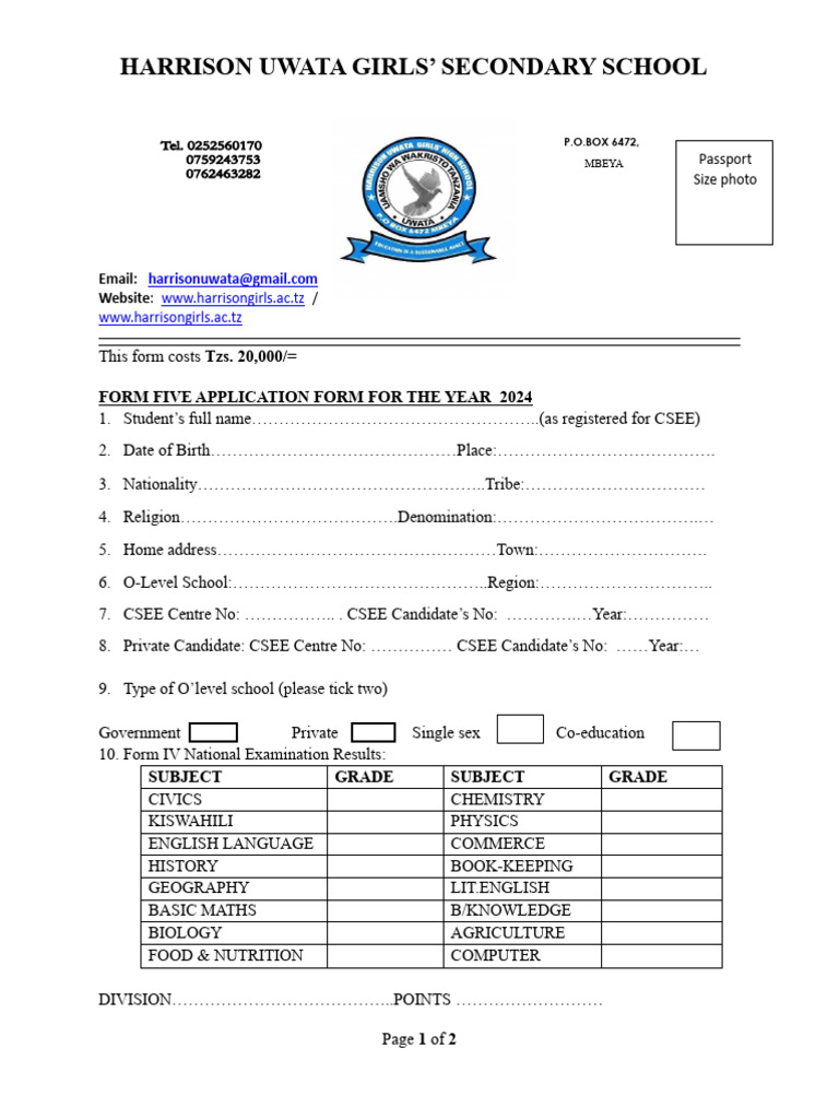 New Application Form Form Five 2024 | PDF | Educational Stages