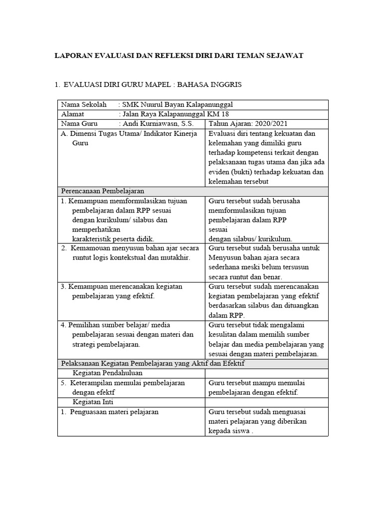 Evaluasi Diri Guru SMK Nuurul Bayan | PDF | Karier & Perkembangan ...