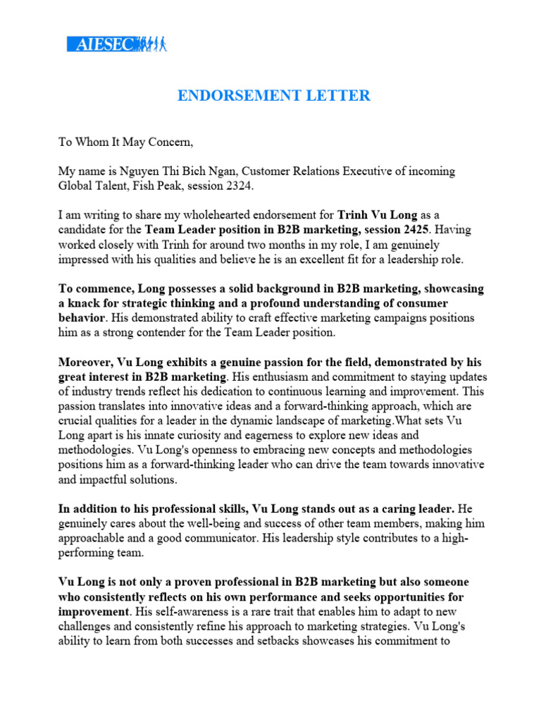 Endorsement Letter From Direct Member - Trinh Vu Long | PDF | Marketing ...