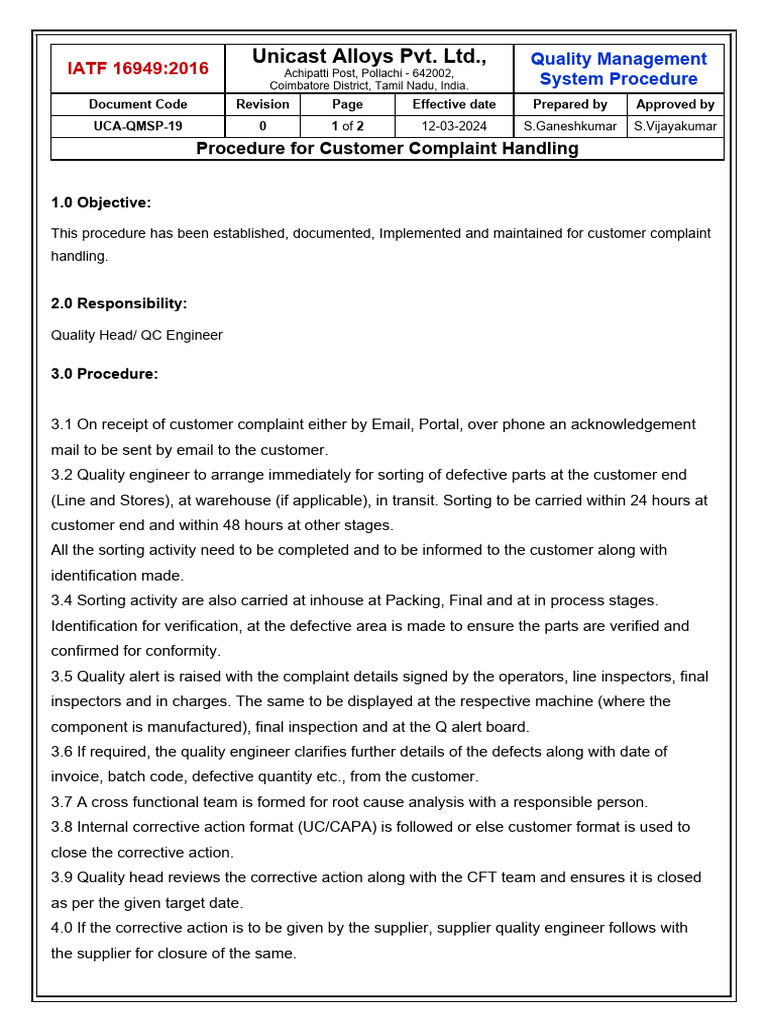 Customer Complaint Handling Procedure | PDF | Computing