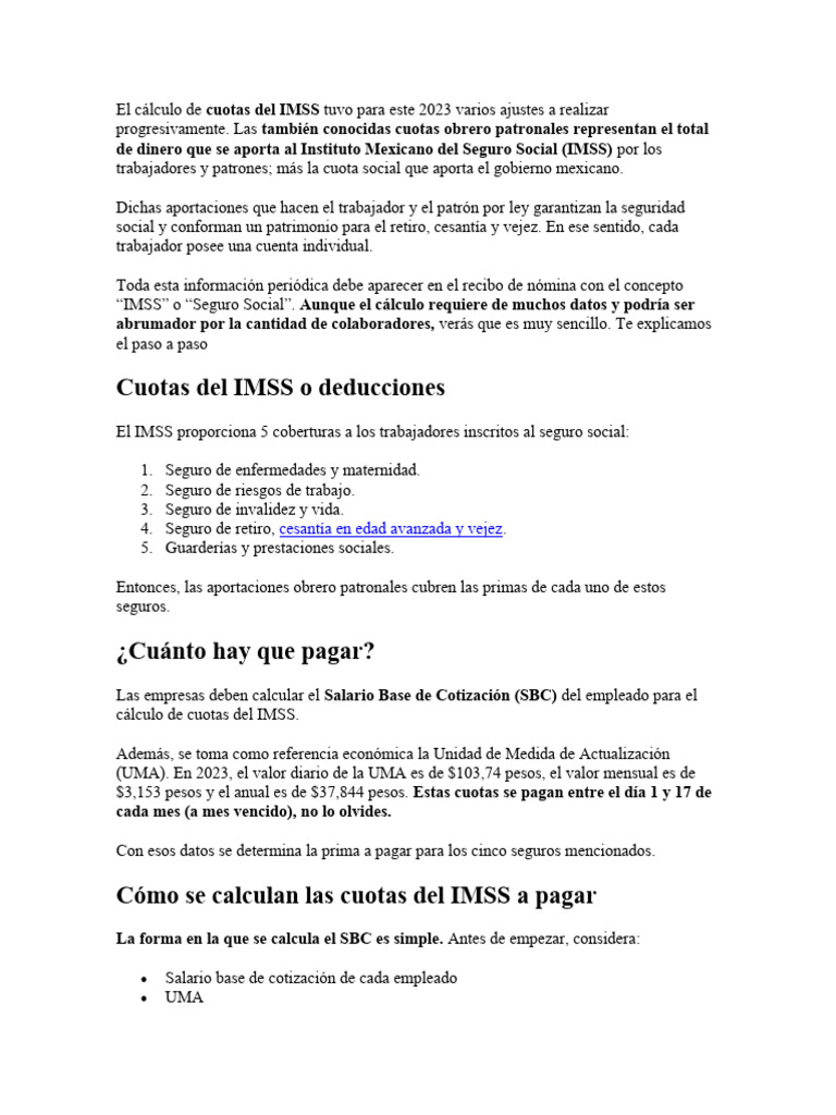 Cálculo de Cuotas del IMSS 2023 | PDF | Salario | Salario mínimo