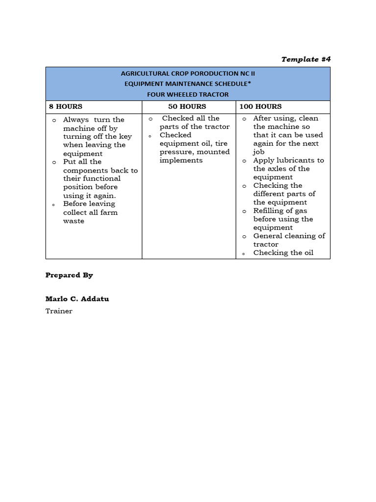 Picture of 4. Equipment Maintenance Schedule | PDF | Tractor | Mechanical Engineering