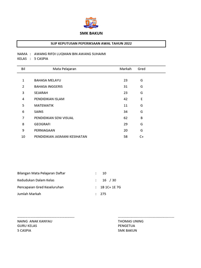 Slip Keputusan Peperiksaan AWANG PDF