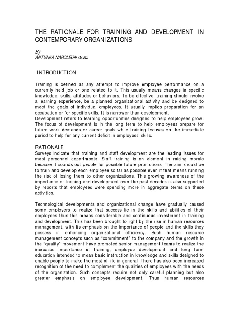 Rationale for Training and Development Employment Human Resources