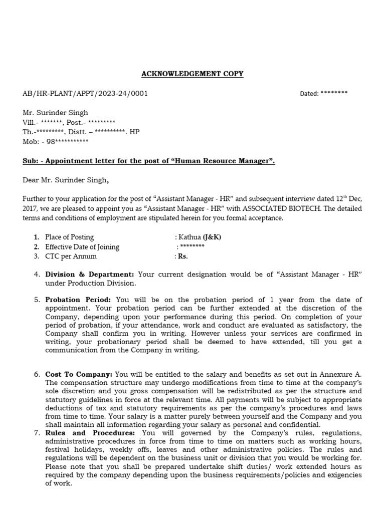 Appointment Letter: HR Manager Role | PDF | Confidentiality | Indemnity