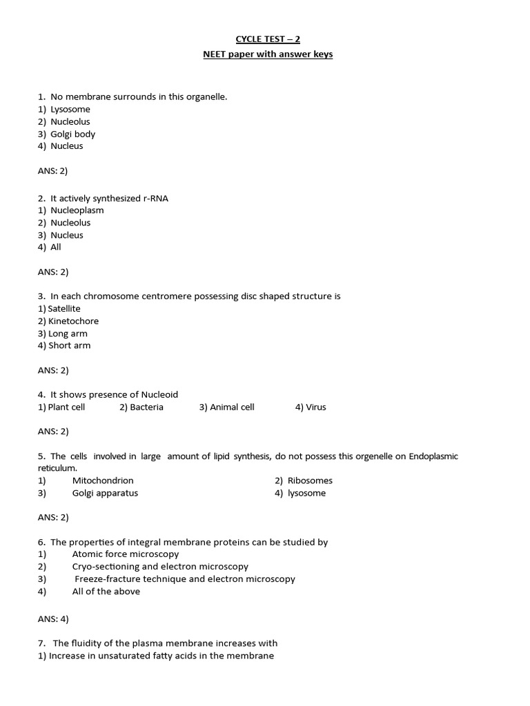 NEET Cycle Test 2: Answer Key & Questions | PDF | Cell (Biology) | Cell ...