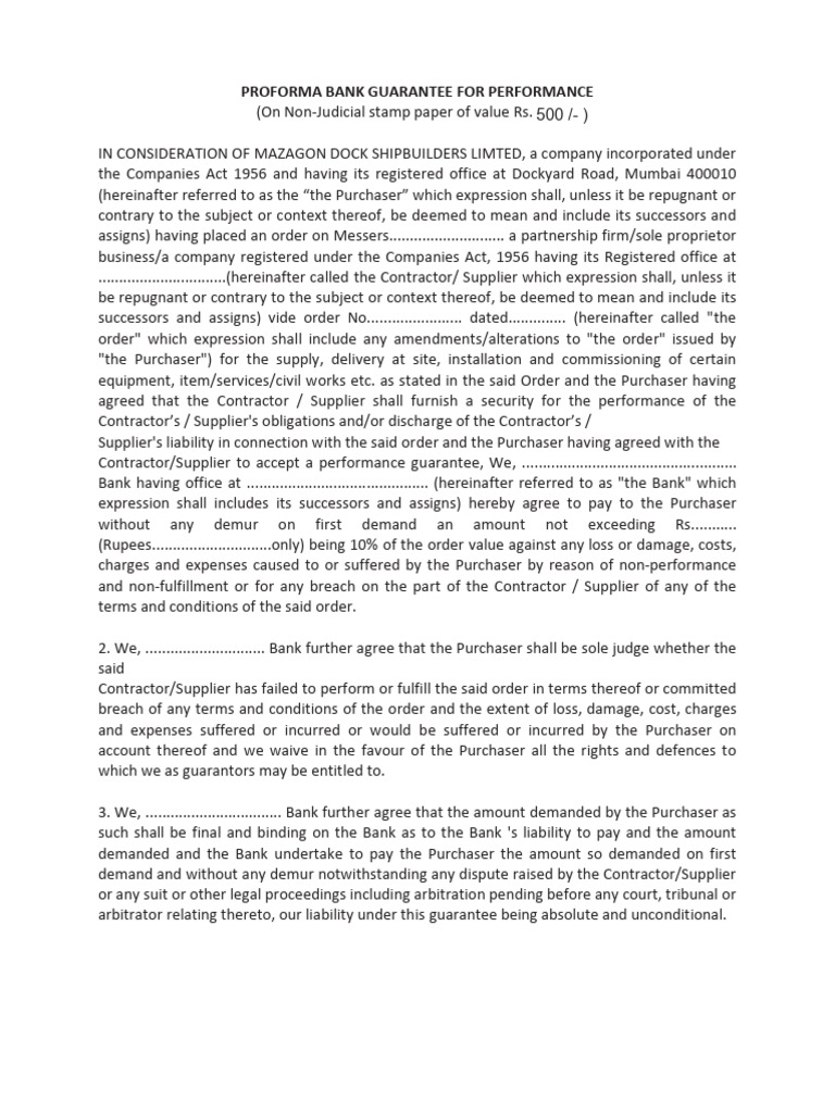 Proforma BG For Performance (PBG) | PDF