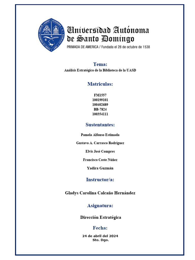 Primer Grupo Análisis Estratégico De La Biblioteca De La Uasd Pdf