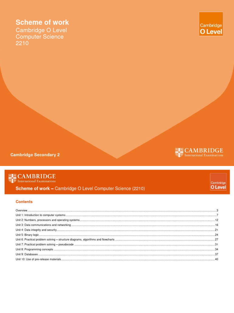 Scheme of Work: Cambridge O Level Computer Science 2210 | PDF ...