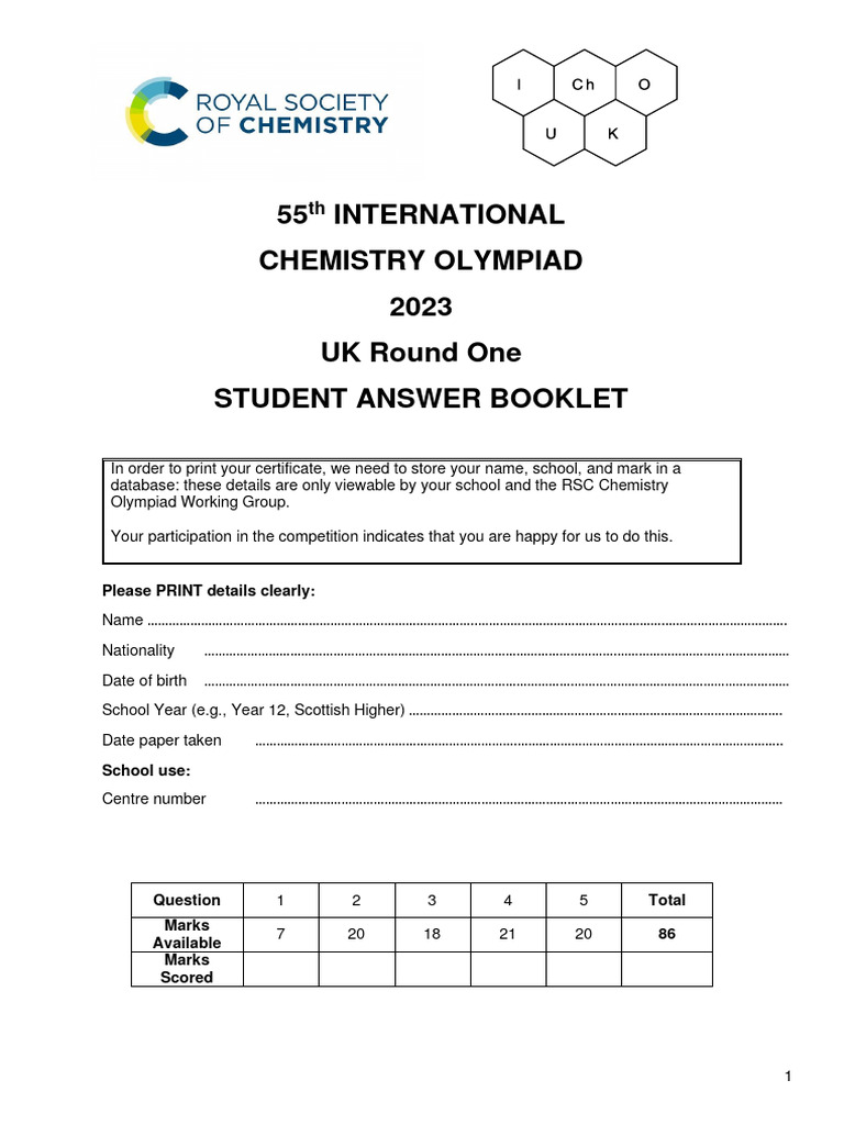 55 International Chemistry Olympiad 2023 UK Round One Student Answer 