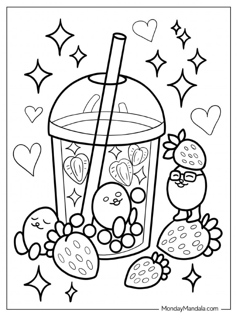 Boba Tea With Cute Strawberries Coloring Sheet | PDF