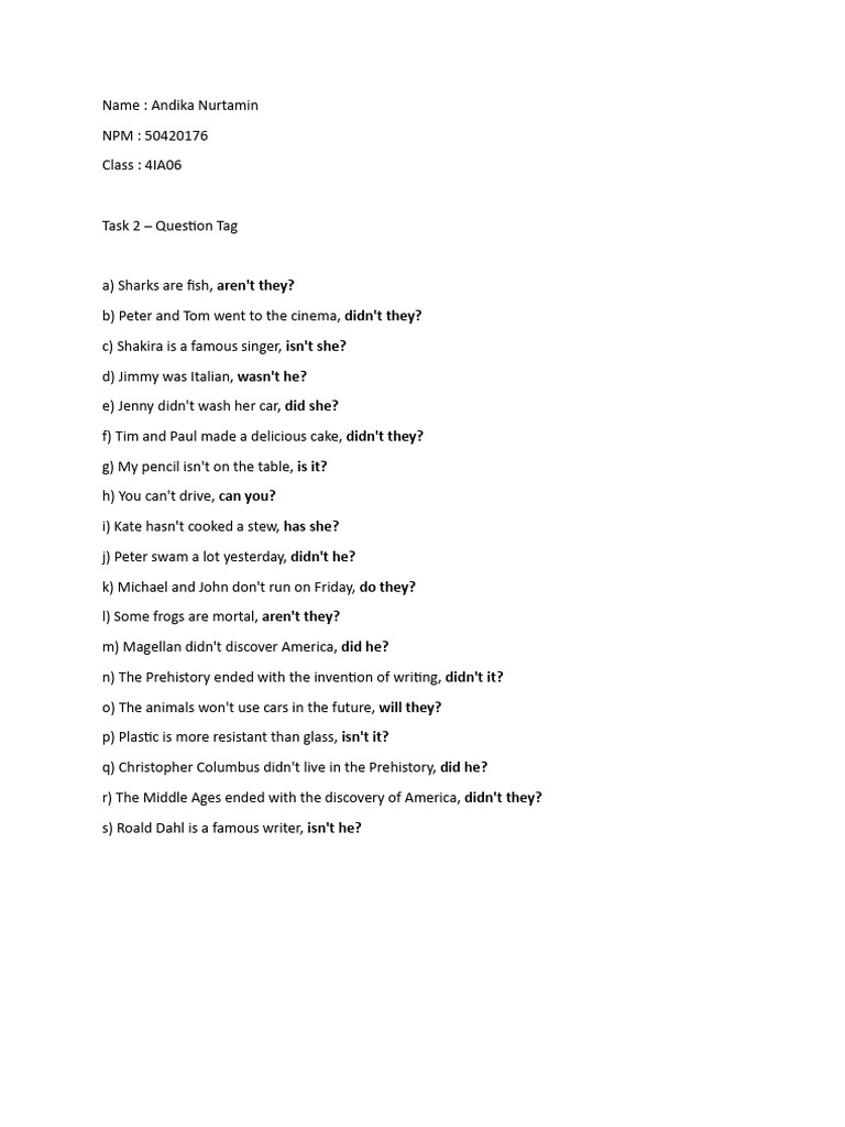 Question Tag Exercises for Students | PDF