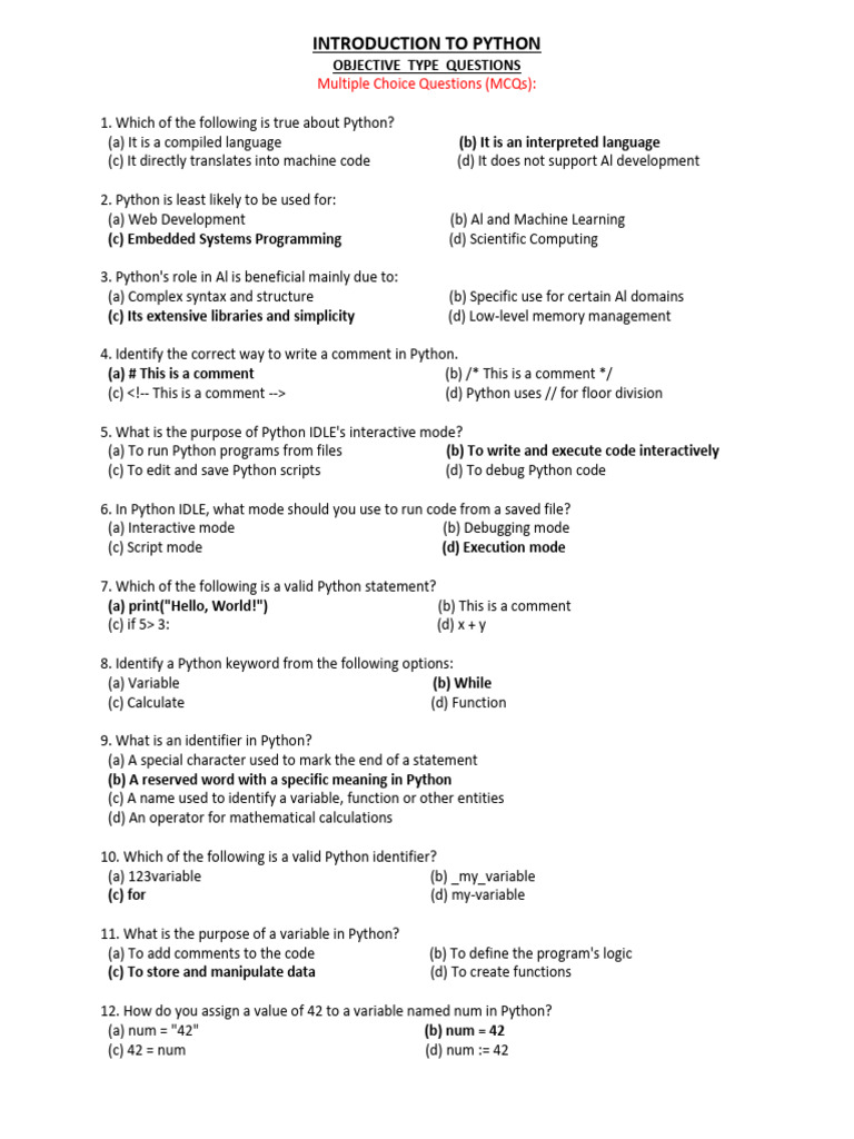 MCQ Introduction to Python(SCS) | PDF | Python (Programming Language ...