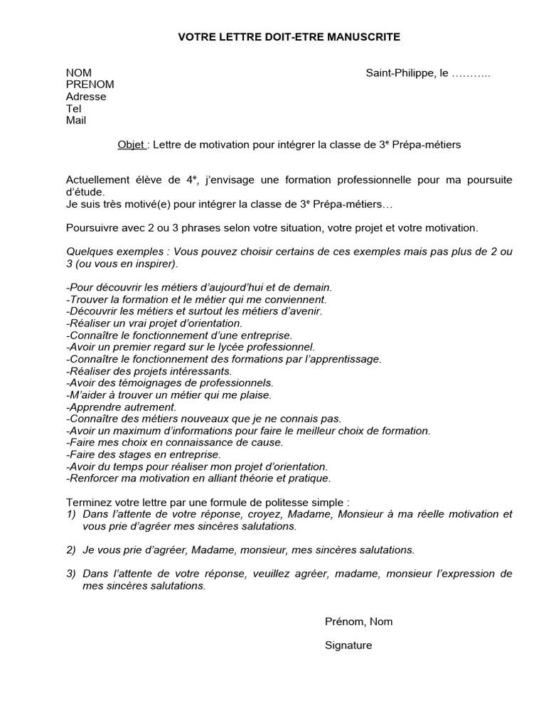 Lettre de motivation 3e Prépamétiers PDF Évolution de carrière — free download