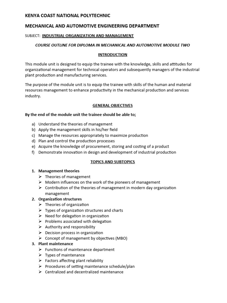 Industrial Organization & Management Course Outline | PDF | Sound | Light