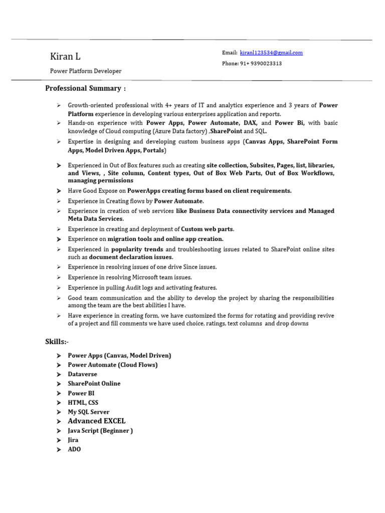 Power Platform Developer Resume Summary | PDF | Share Point | Mobile App