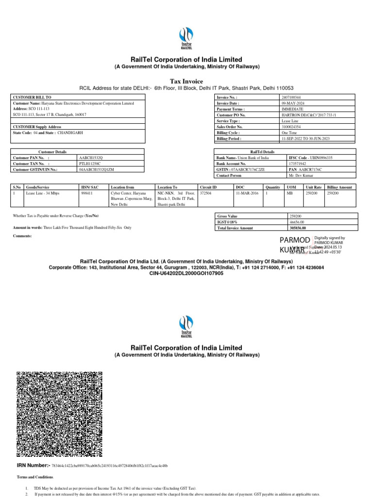 RailTel Invoice for Lease Line Service | PDF | Invoice | Taxes