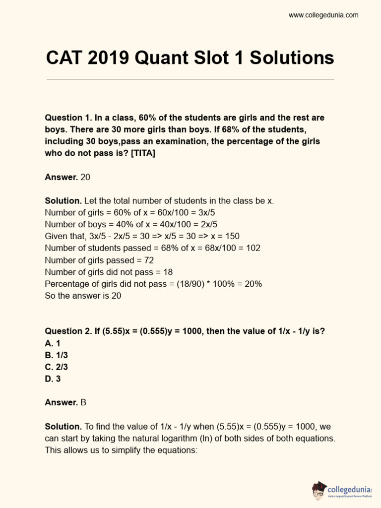 CAT 2019 Quant Slot 1 Solutions | PDF | Area | Triangle