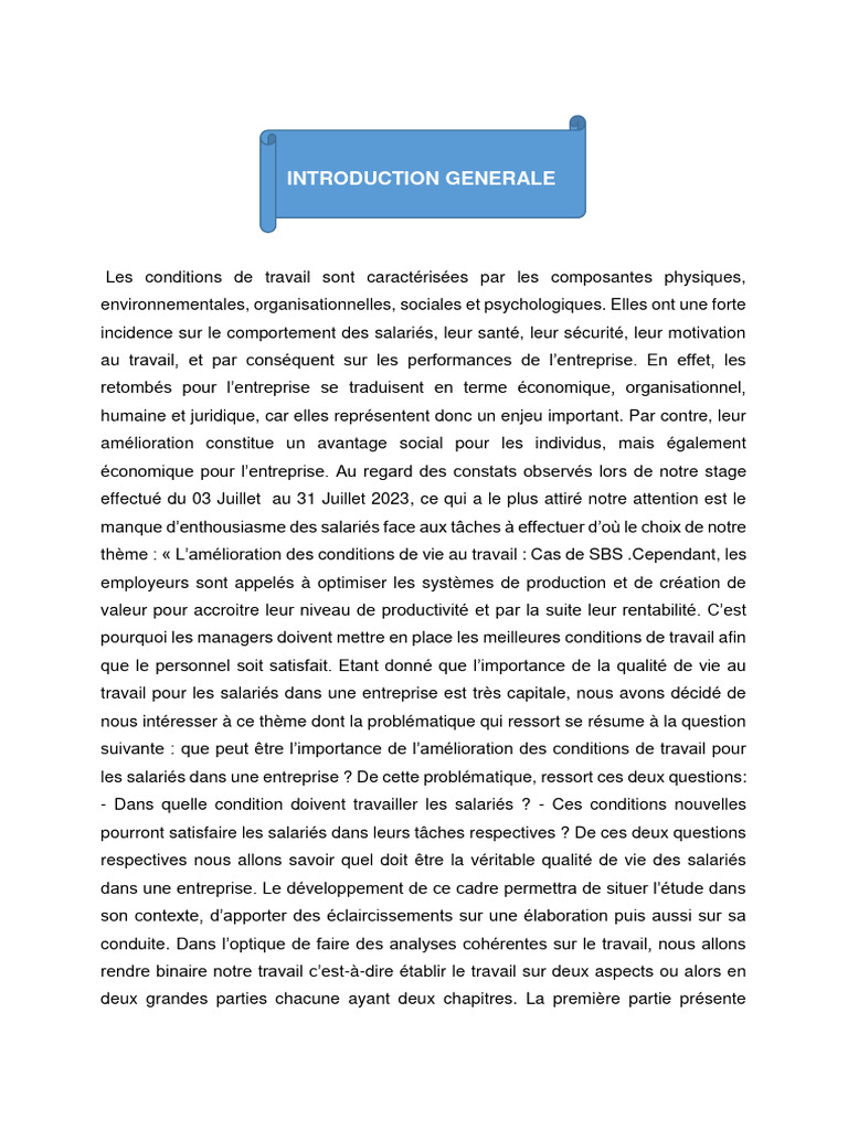 Amélioration des conditions de travail chez SBS | PDF | Business ...