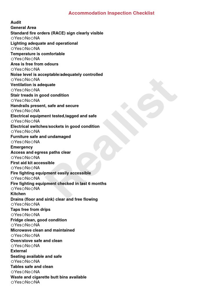 Accommodation Inspection Checklist Guide | PDF | Home & Garden