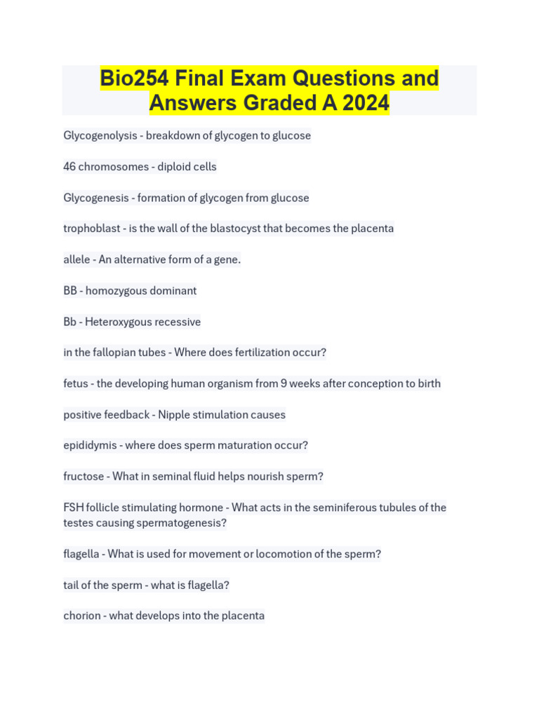 Bio254 Final Exam Questions And Answers Graded A 2024 Pdf Pancreas