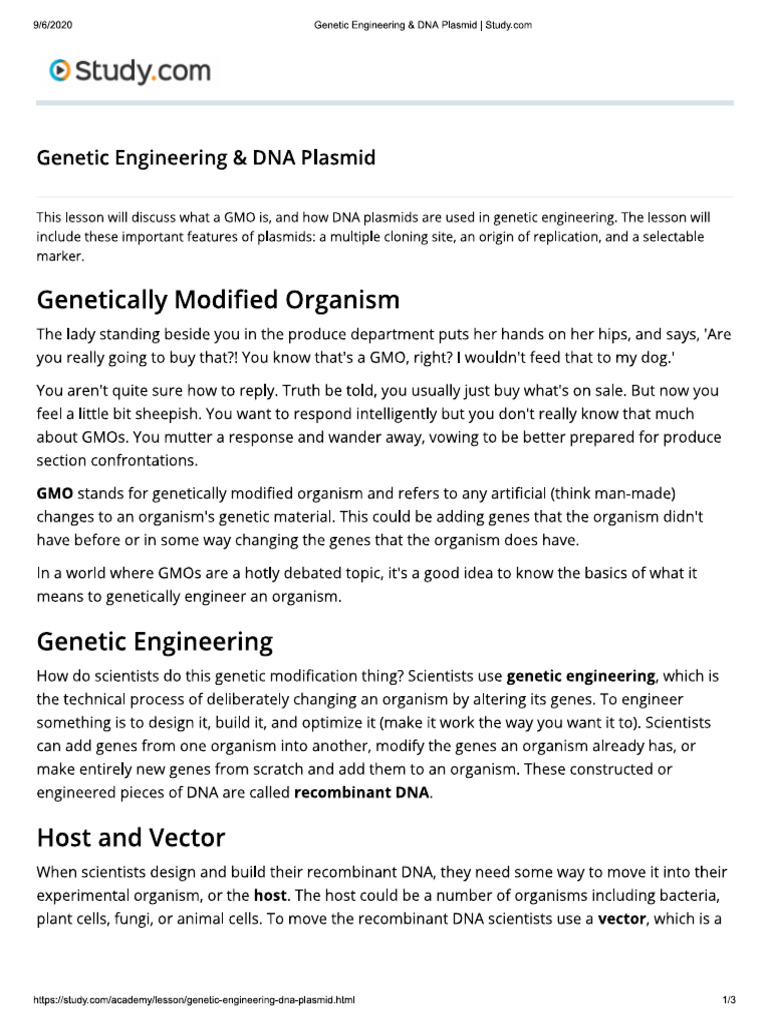 Lesson 01 Genetic Engineering Dna Plasmid Pdf