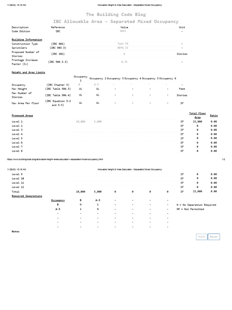 Allowable Height & Area Calculator - Separated Mixed Occupancy | PDF ...