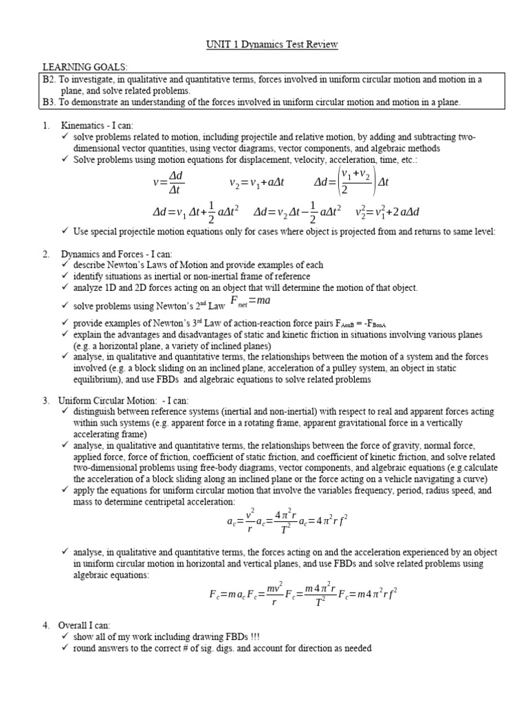 Unit 1 Dynamics Test Review1 | PDF | Force | Acceleration