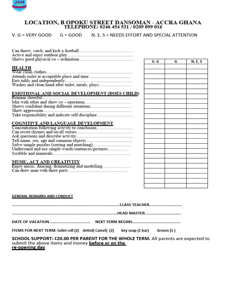 Nursery and Primary School Report Card | PDF | Cognitive Science ...