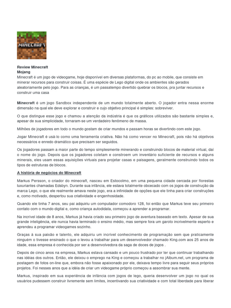 Minecraft: Criatividade e Sobrevivência | PDF | Minecraft